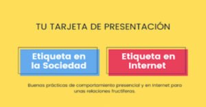 Tarjeta con mensaje sobre etiqueta en sociedad e internet: Buenas prácticas de comportamiento presencial y en línea.