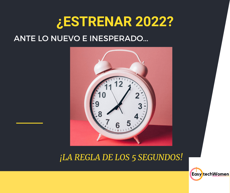 Imagen con fondo bicolor rosa y blanco mostrando un reloj. En la parte superior dice 'Estrenar 2022', seguido de 'Ante lo nuevo y lo inesperado' y 'La regla de los 5 segundos' abajo del reloj. Incluye el logo de EasyTechWomen en la esquina derecha.