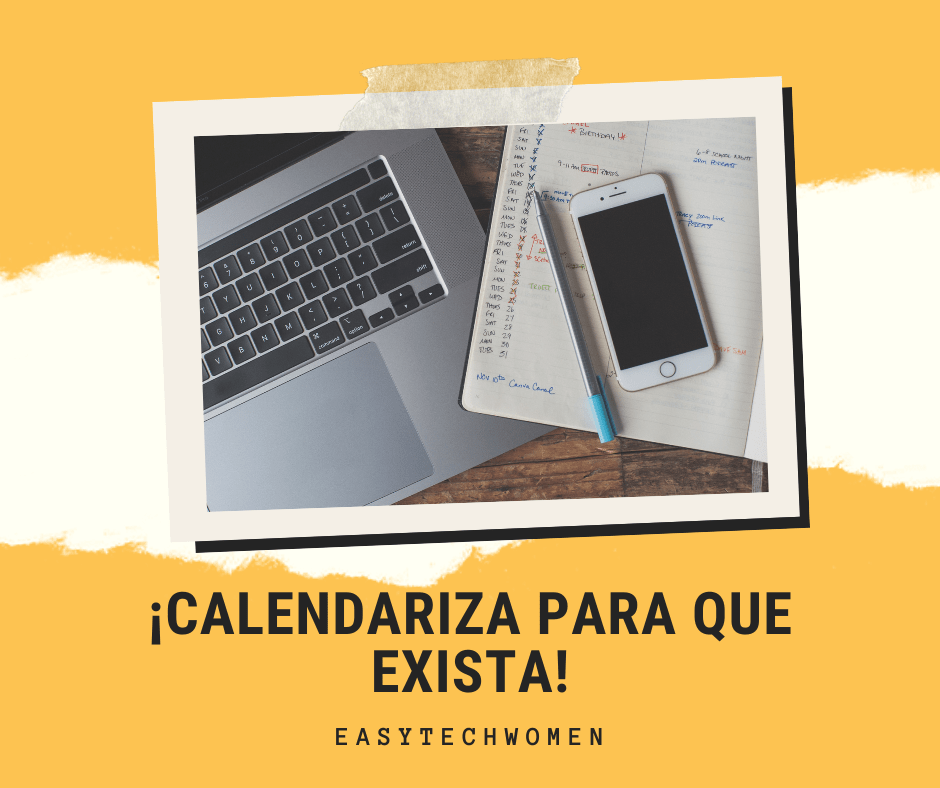 Agenda abierta, smartphone y pluma sobre una parte del computador con un fondo tricolor amarillo y blanco. El mensaje 'Calendariza para que exista' destaca la importancia de la planificación y la organización.