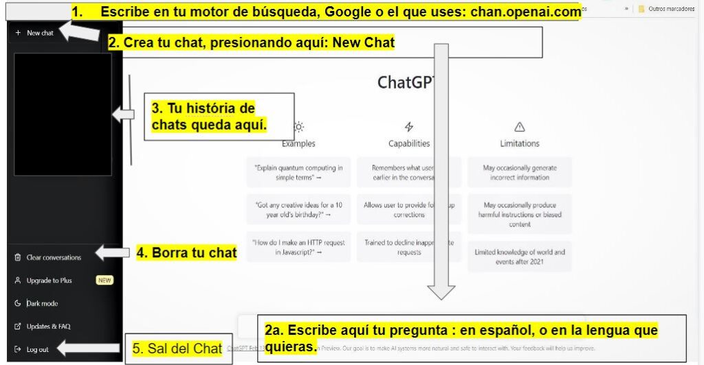 Esquema de la pantalla de ChatGPT mostrando sus diferentes partes y funciones, ilustrando cómo funciona la interfaz de ChatGPT.