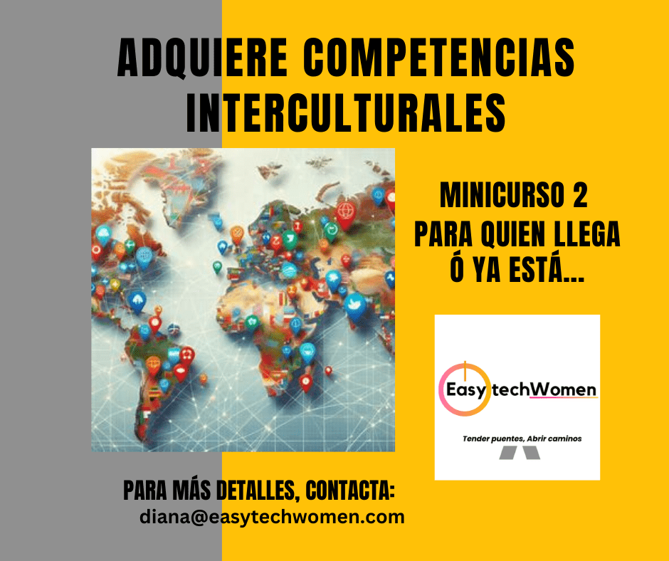 Imagen de anuncio del Minicurso 2. Adquiere competencias interculturales. En ella hay un mapa del mundo con marcadores de diferentes países, simbolizando la divesidad cultural global. Se integra en la sección de capacitación intercultural. y forma parte de la colección 'Tender Puentes, Abrir Caminos'."