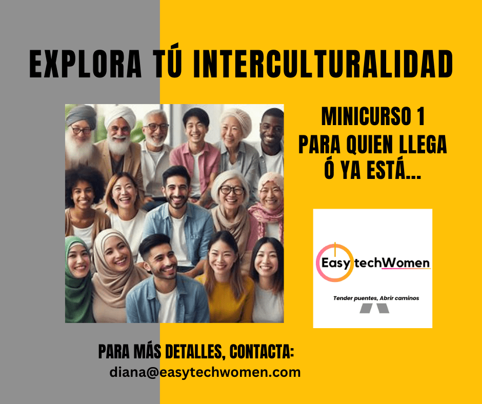 Explora tu interculturalidad. Incluye in grupo diverso de personas de diferentes etnias y edades, sonriendo y conversando, representando la integración cultural. Este minicurso se encuentra en la sección de capacitación intercultural y forma parte de la colección 'Tender Puentes, Abrir Caminos'.