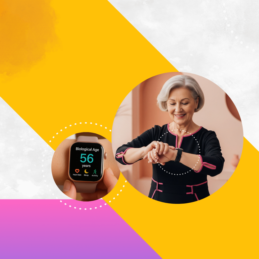Mujer consultando su reloj inteligente con su bioedad mostrada en segundo plano.