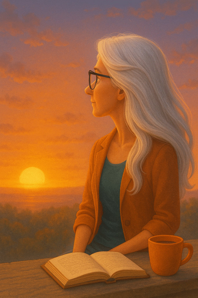 Mujer contemplando el atardecer con un libro en la mano, simbolizando introspección y nuevos comienzos durante el verano.