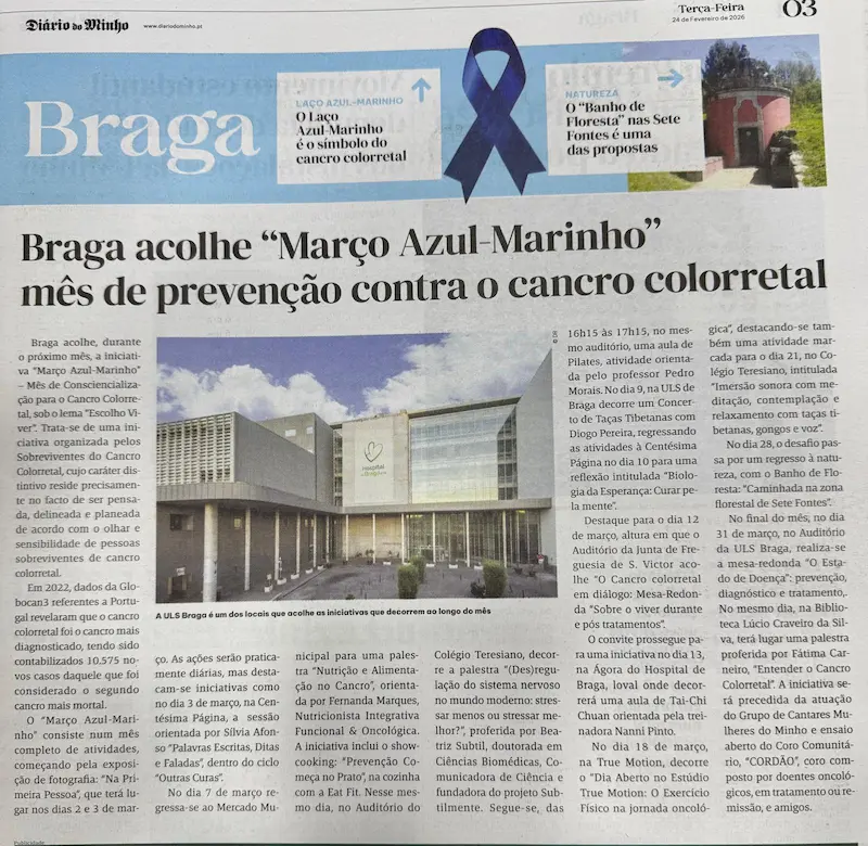 Recorte de imprensa do jornal Diário do Minho sobre o evento "Braga acolhe Março Azul-Marinho", destacando a campanha de sensibilização e atividades.
